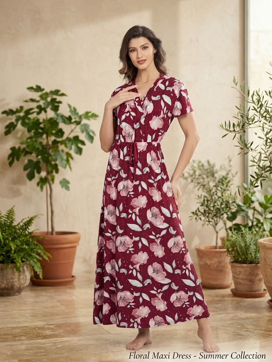 Robe Longue Fleurie Portefeuille - Robe d'Été Ceinture Nouée