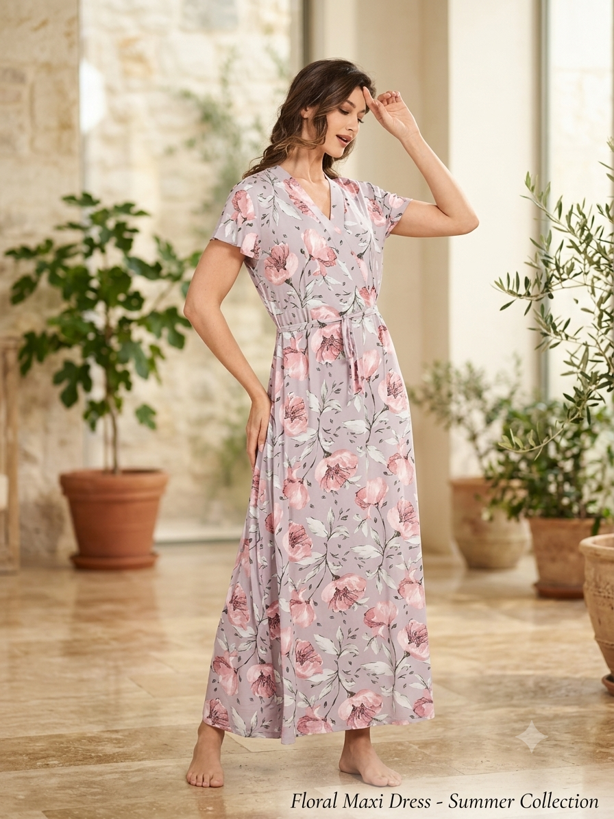 Robe Longue Fleurie Portefeuille - Robe d'Été Ceinture Nouée – Image 3